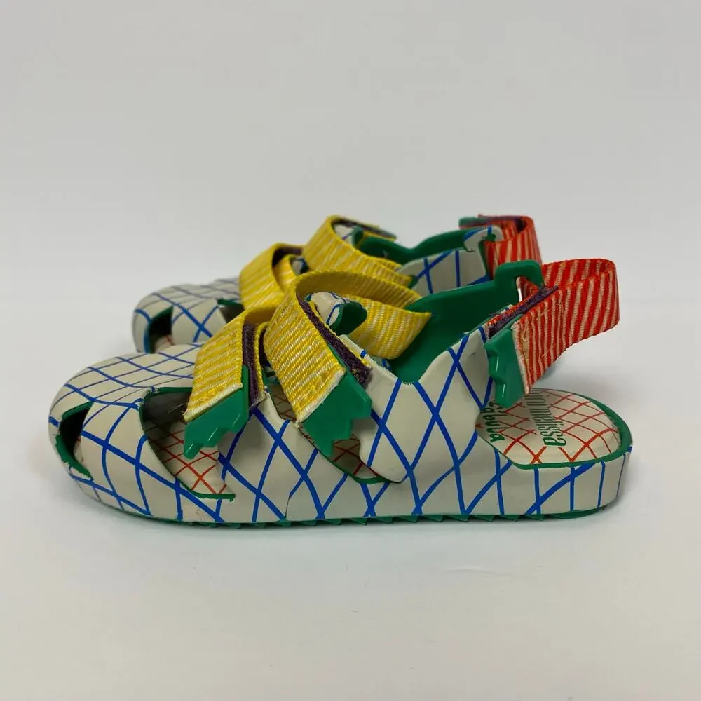 Mini Melissa White Blue Grid Sandals with Yellow, Green & Red Accents